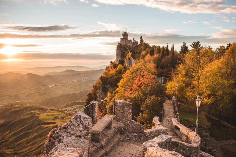 Sunset by Titan’s Castle in San Marino, the only country in the world with more cars than people