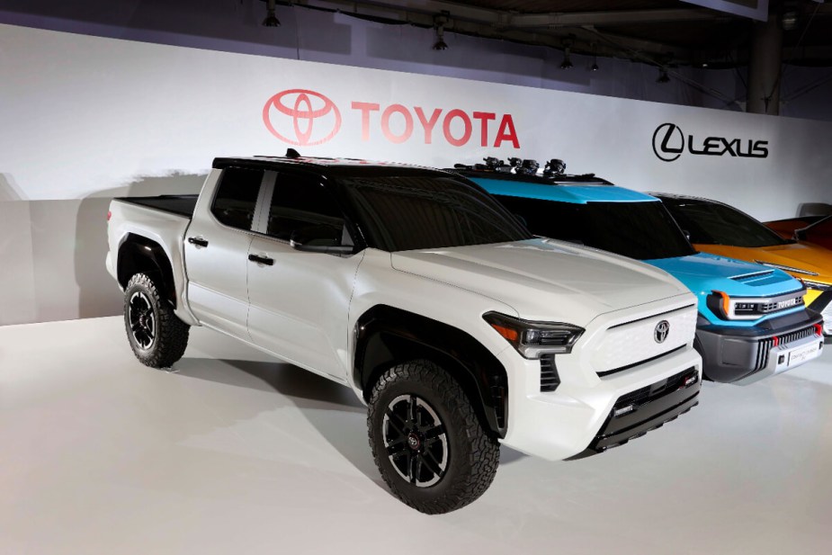 The electric Toyota truck concept is on display. It could be a preview of the Tacoma EV.