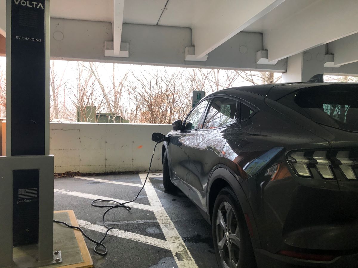 A Volta electric vehicle (EV) charging station in a parking garage in Boston, Massachusetts