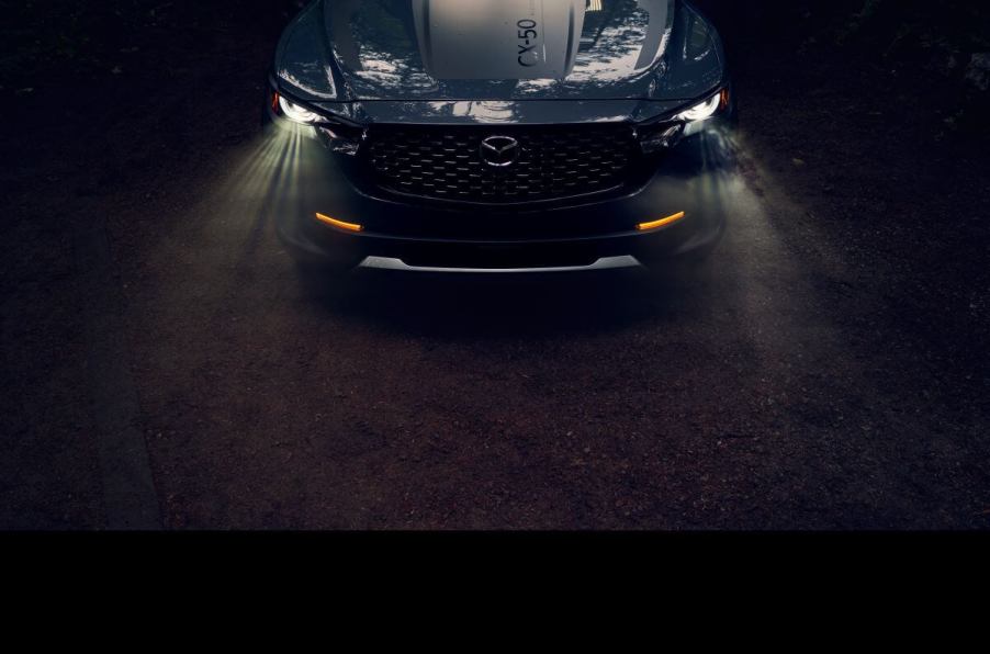 An overhead shot of the hood of a 2023 Mazda CX-50 Meridian compact crossover SUV model