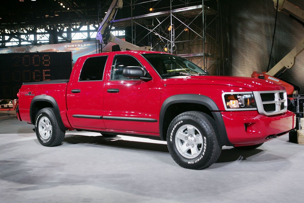 A red 2008 Dodge Dakota midsize pickup truck model at the 2007 Chicago Auto Show