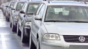 A line of Volkswagen Passat models taken in 2022 in Emden, Germany