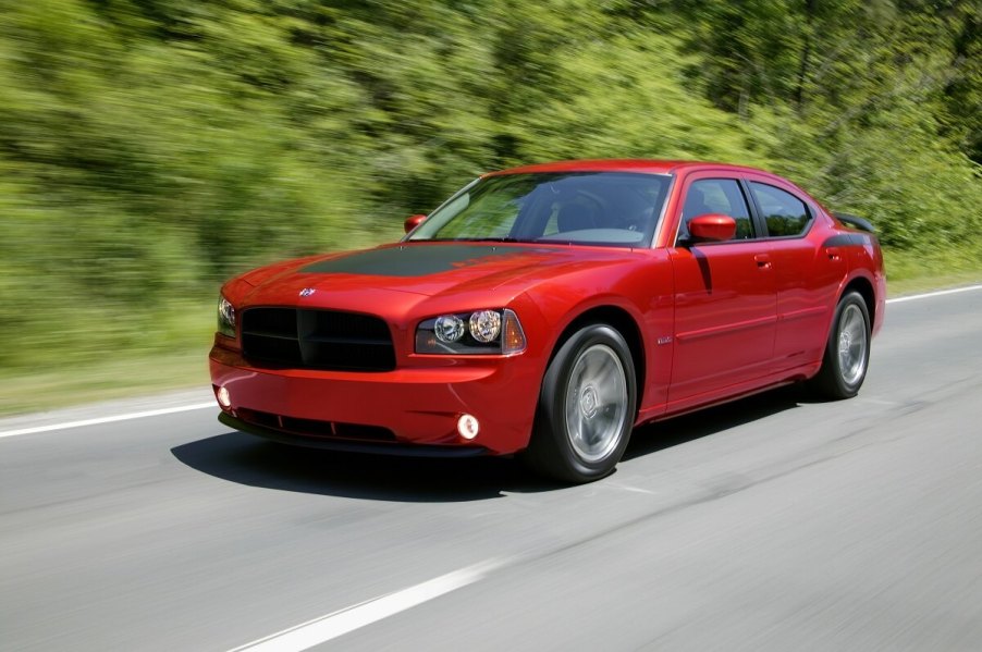 A 2006 Dodge Charger Daytona cruises down back roads.