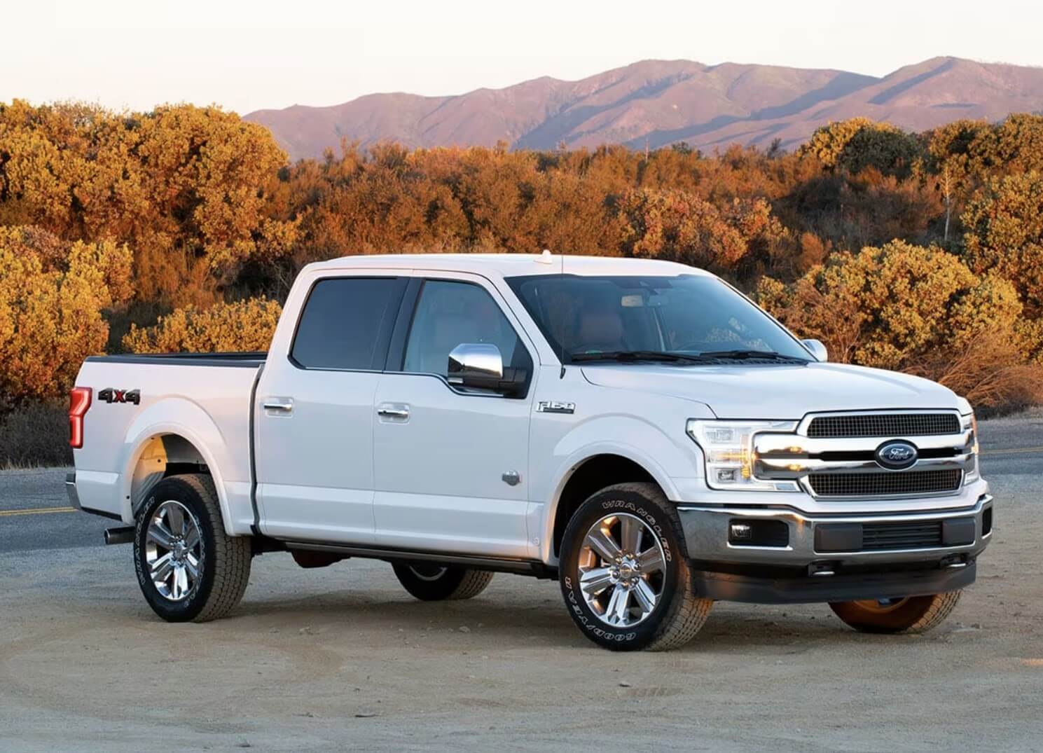 A white 2018 Ford F-150 model parked near trees