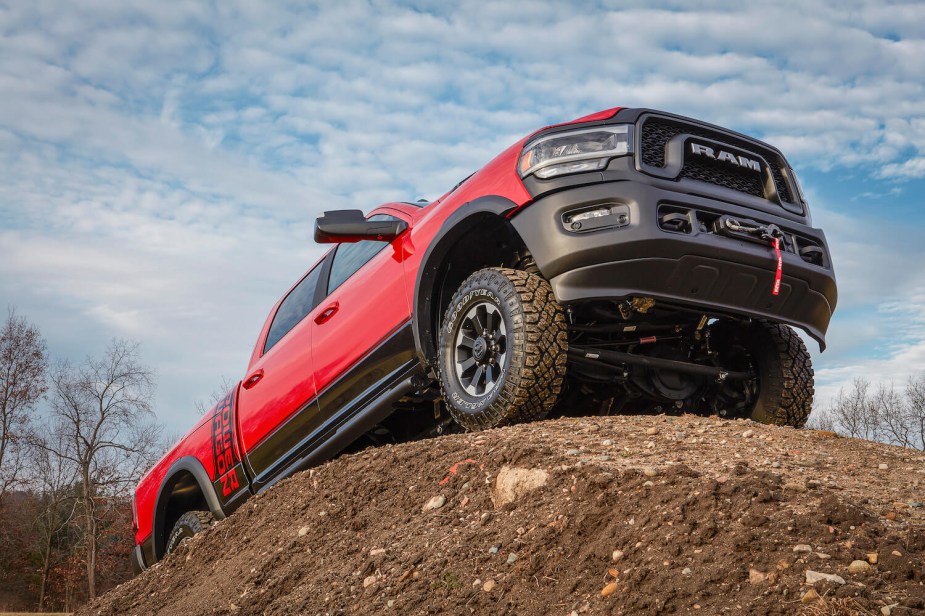 The underside of the Ram 2500 Power Wagon off-road supertruck as it climbs a dirt hill.