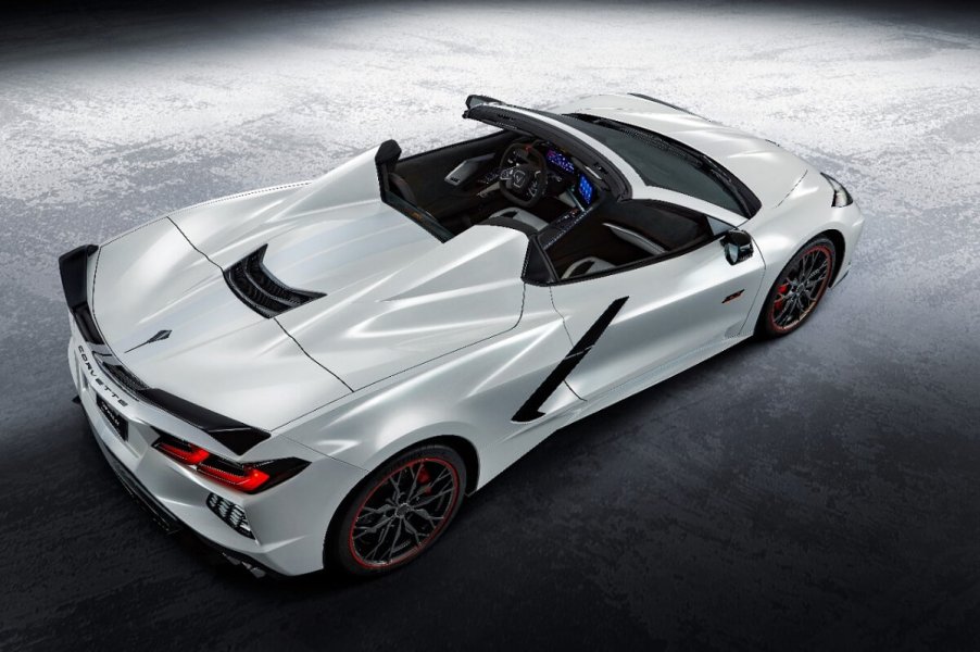 A 2023 Chevrolet Corvette Stingray Convertible shows off its aggressive sports car styling.