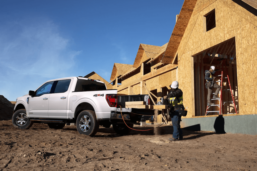 a 2023 Ford F-150 PowerBoost using the onboard generator showing its claim as the best pickup truck.