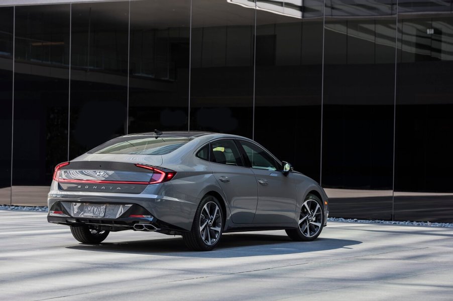 A gray 2023 Hyundai Sonata Hybrid shows off its rear-end styling.