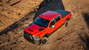 Bird's-eye view of a Ram 2500 Rebel pickup truck parked on a dirt lot.