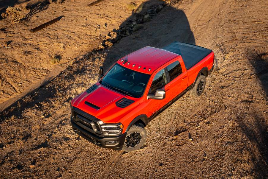 Bird's-eye view of a Ram 2500 Rebel pickup truck parked on a dirt lot.