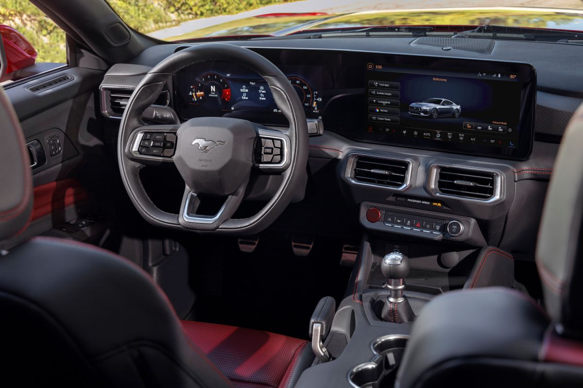 The 2024 Mustang GT has a nice, yet slightly utilitarian interior with massive screens