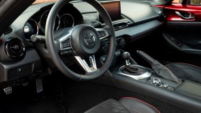 Dashboard in 2023 Mazda MX-5 Miata sports car, most reliable Mazda car, says Consumer Reports, not Mazda3 or CX-5