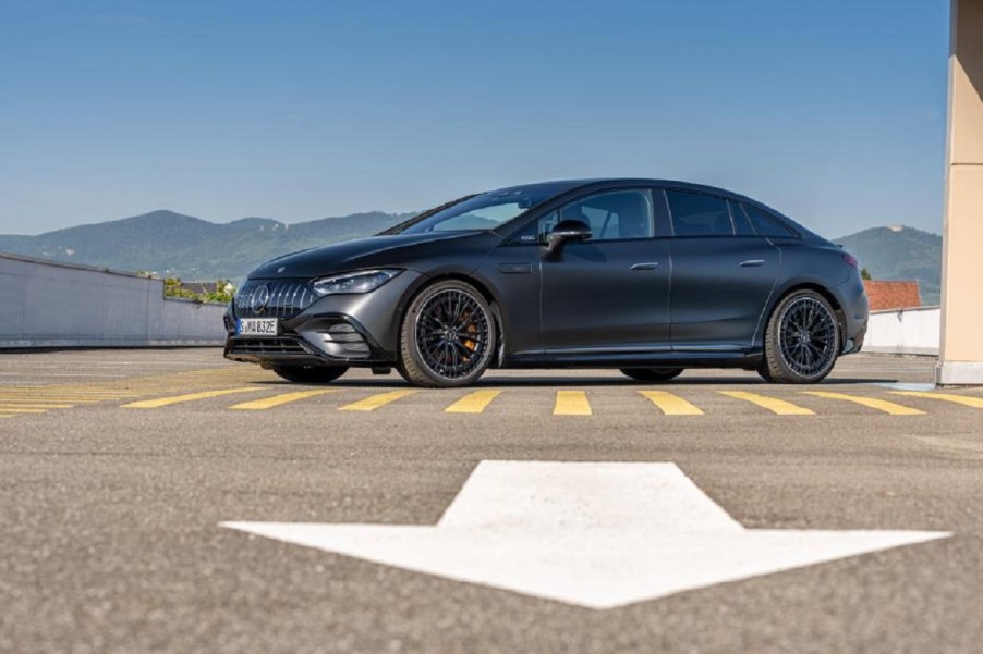 A Mercedes EQUS parked with the Night package