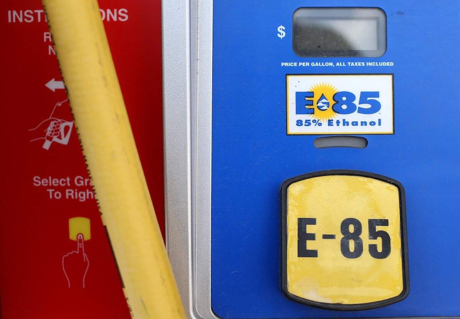 A red and blue pump with the selection for ethanol (E-85) as a button. 