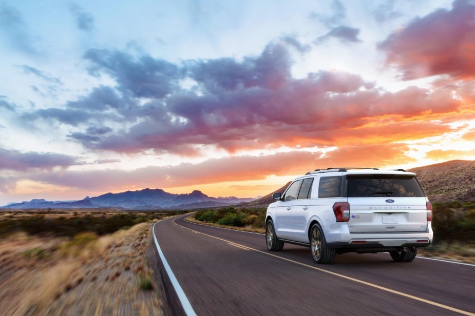 The rear of a white 2023 Ford Expedition 