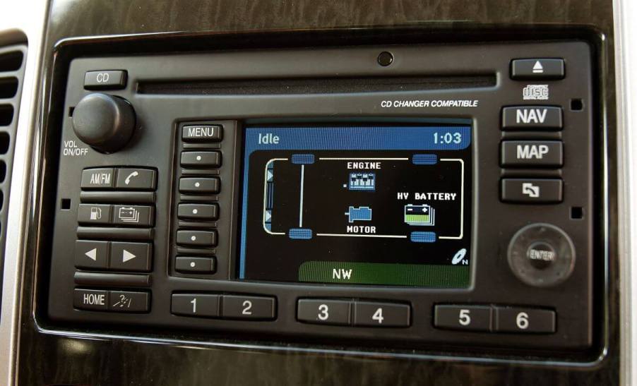 A Ford Hybrid Patrol vehicle display showing the vehicle's powertrain and four-wheel drive (4WD) drivetrain