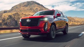 Front angle view of red 2023 Cadillac Escalade