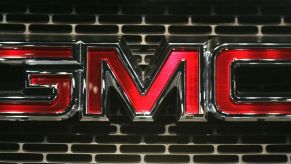 The GMC emblem on a vehicle grille as seen on the GMC Typhoon performance SUV model