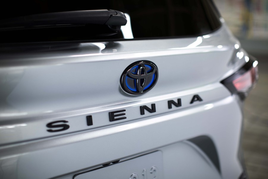 Close up on the rear badging of a 2023 Toyota Sienna 25th anniversary edition.