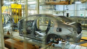 A steel vehicle chassis on a production line at a Toyota manufacturing plant in Durban, South Africa