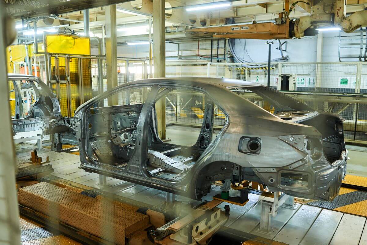 A steel vehicle chassis on a production line at a Toyota manufacturing plant in Durban, South Africa