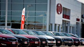 Used Kia cars lined up on display at a dealership.