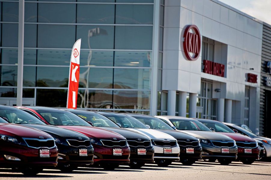 Used Kia cars lined up on display at a dealership.