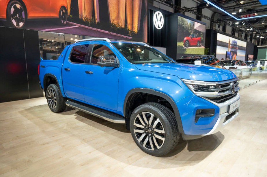 A Volkswagen Amarok sits on display as the VW truck not available in the United States.