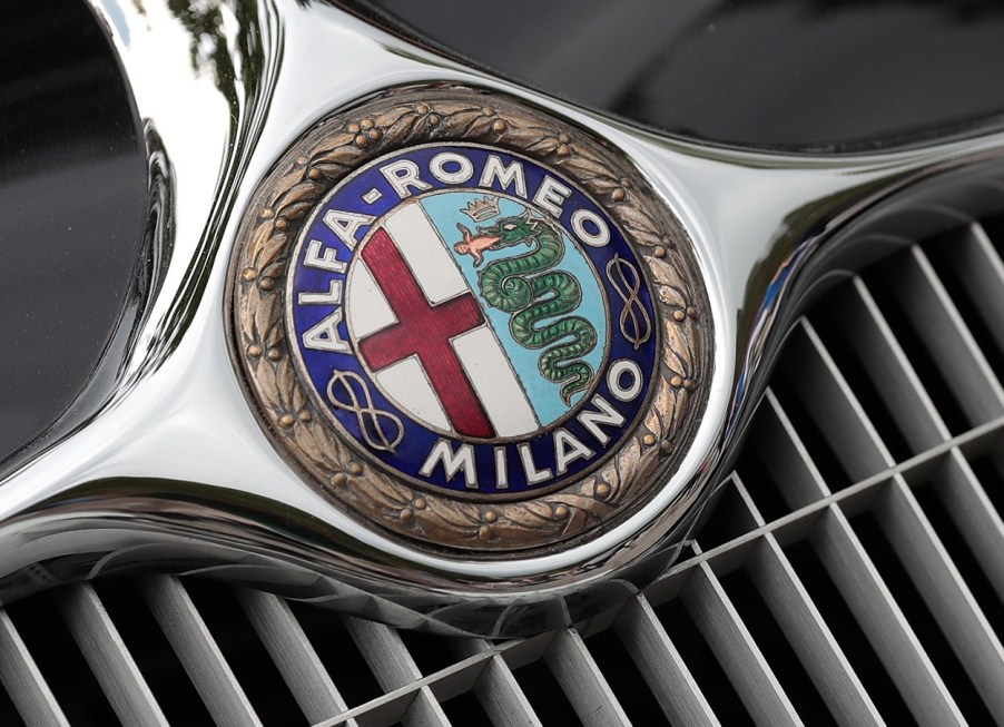 An Alfa Romeo badge on an Alfa Romeo 8C car