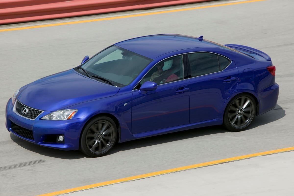 A blue 2008-2009 model year Lexus IS compact executive car model being tested