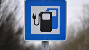 A traffic sign indicating an electric vehicle (EV) charging station seen in Thuringia, Mellingen, Germany