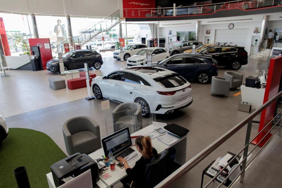 An empty Kia dealership in Madrid, Spain, in 2020, during the coronavirus (COVID-19) pandemic