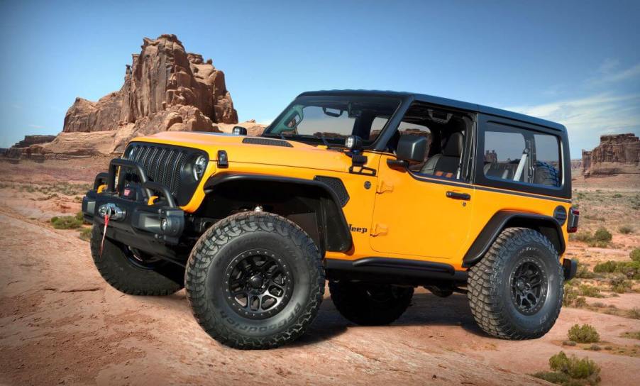 The two-door Jeep Orange Peelz concept model parked on desert stone