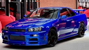 A blue modified Nissan Skyline GTR