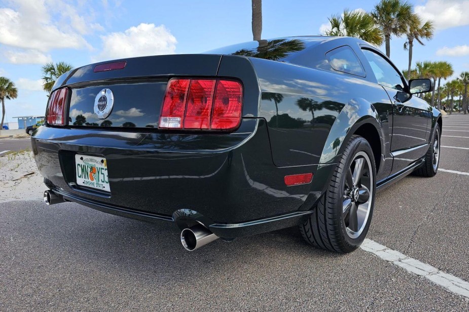 The back of a green 2008 Mustang GT in a parking lot, palm trees visible in the background.