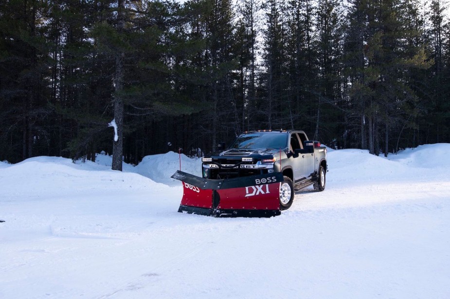 A chevrolet heavy-duty plow truck parked in front of a line of tres.