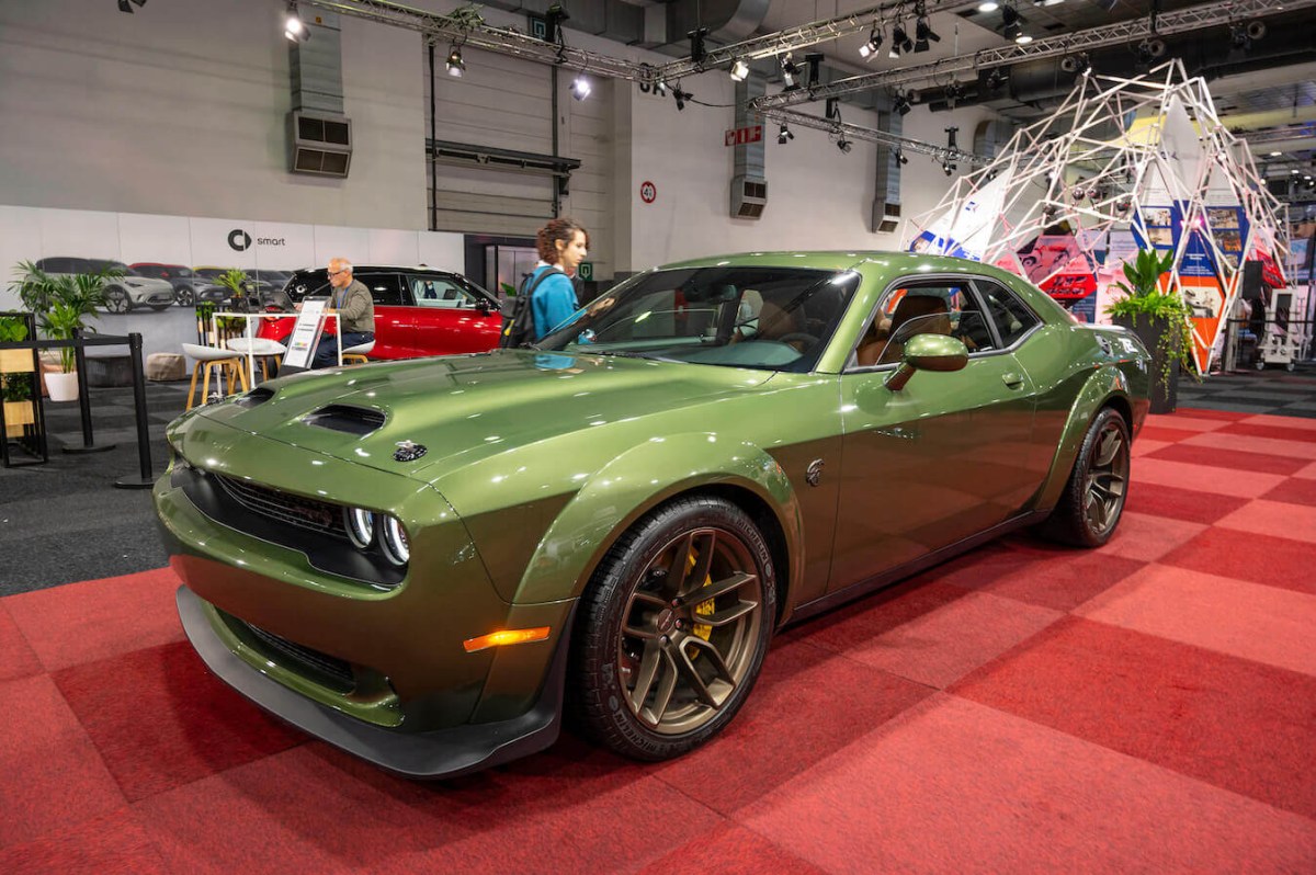 Green 2023 Dodge Challenger SRT Hellcat performance muscle car at Brussels Expo