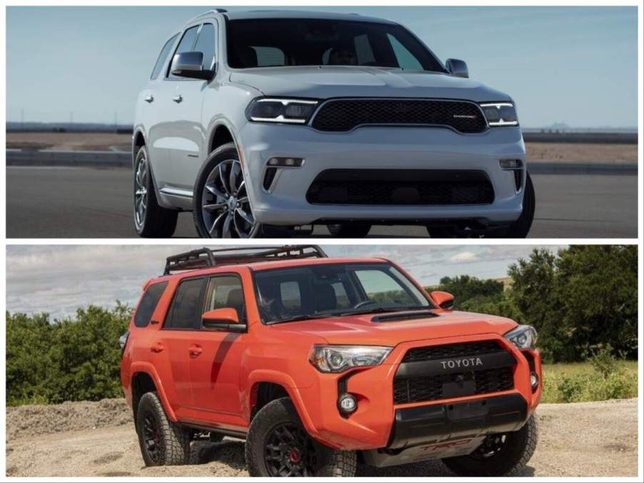 A white 2023 Dodge Durango and an orange 2023 Toyota 4Runner