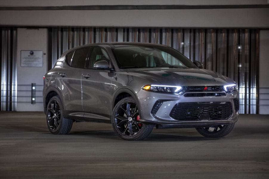 A silver 2023 Dodge Hornet on display.