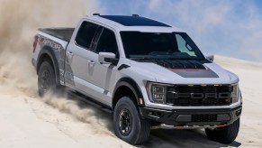 Ford F-150 Raptor R bombing a dune. This is one of the most expensive pickup trucks on the market.