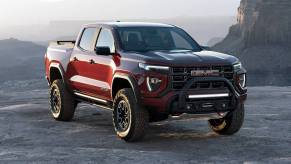 A 2023 red GMC Canyon on display outside. The GMC Canyon's price isn't holding it back.