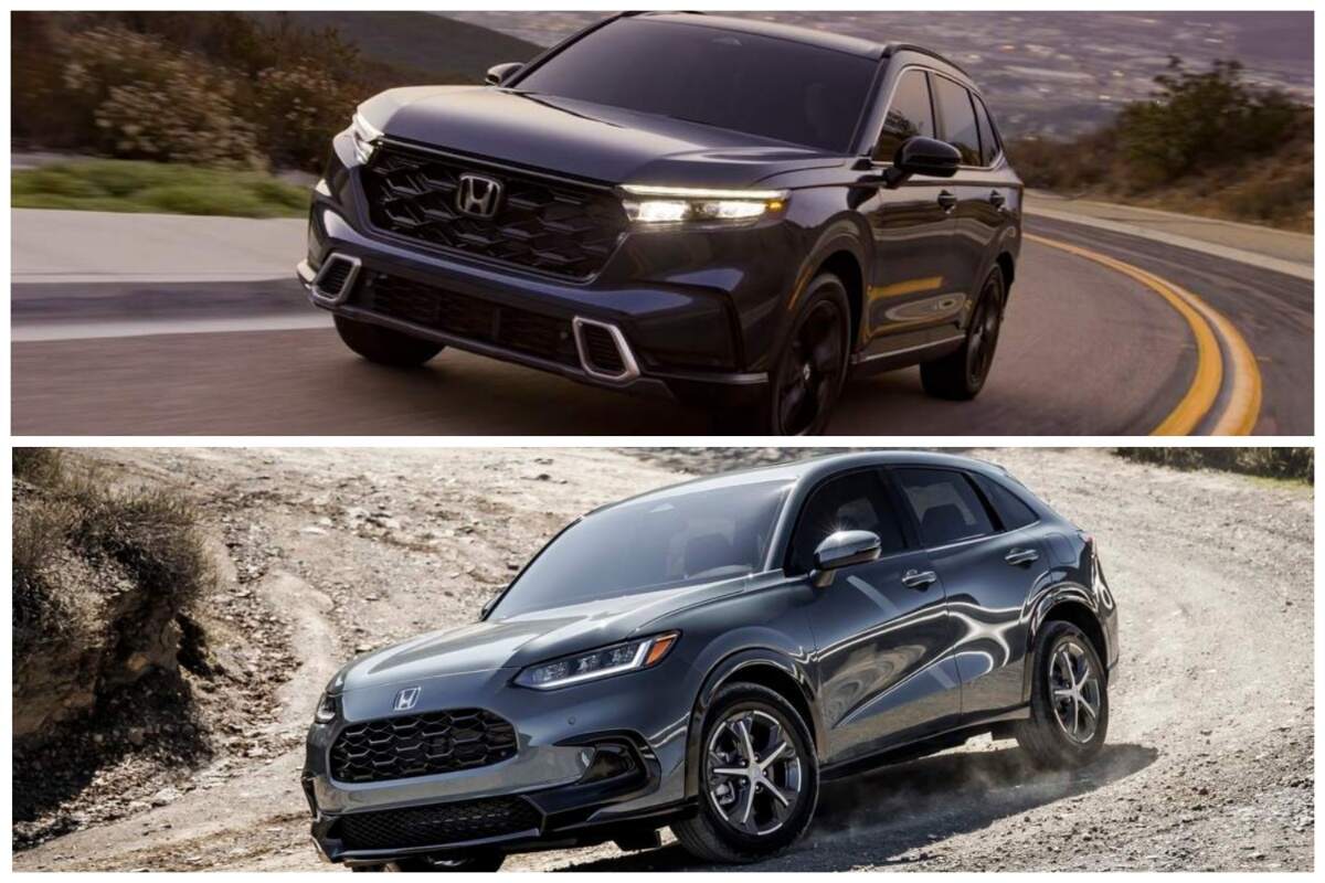 A black 2023 Honda CR-V Sport Touring (top) and dark-gray 2023 Honda HR-V EX-L