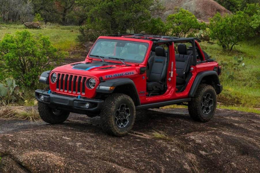 Red 2023 Jeep Wrangler 4xe hybrid off-road