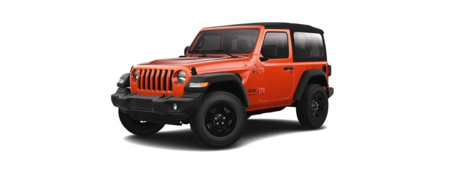 A two-door 2023 Jeep Wrangler Sport compact off-road SUV model in Punk'n Metallic orange