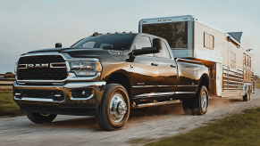 2023 Ram 3500 towing trailer front 3/4 view