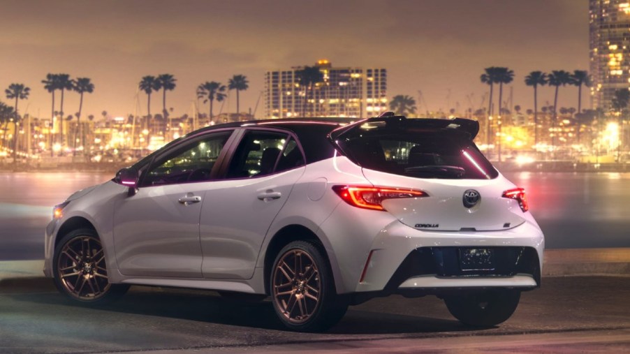 White 2024 Toyota Corolla Hatchback Nightshade Edition - Notice the spoiler and the black roof