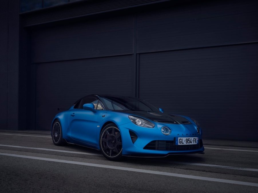 A blue Alpine A110 R parked on track