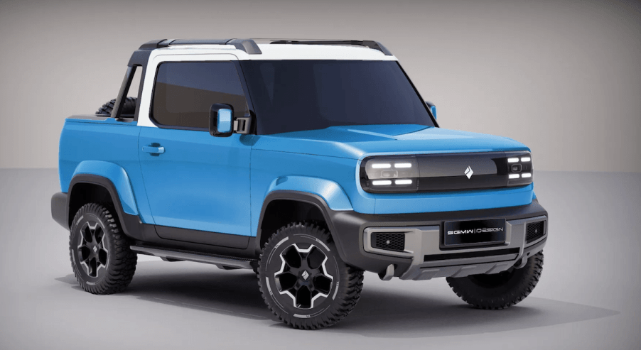 Blue Baojun Yep Pickup concept in studio