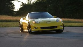 A yellow C6 Corvette Z06 shows off its front-end styling.