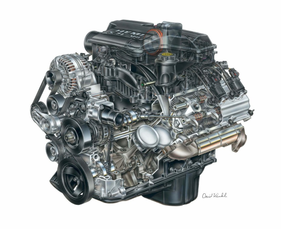 A drawing of the third-generation Hemi V8 which is now made in Saltillo, Mexico--not the U.S.A.